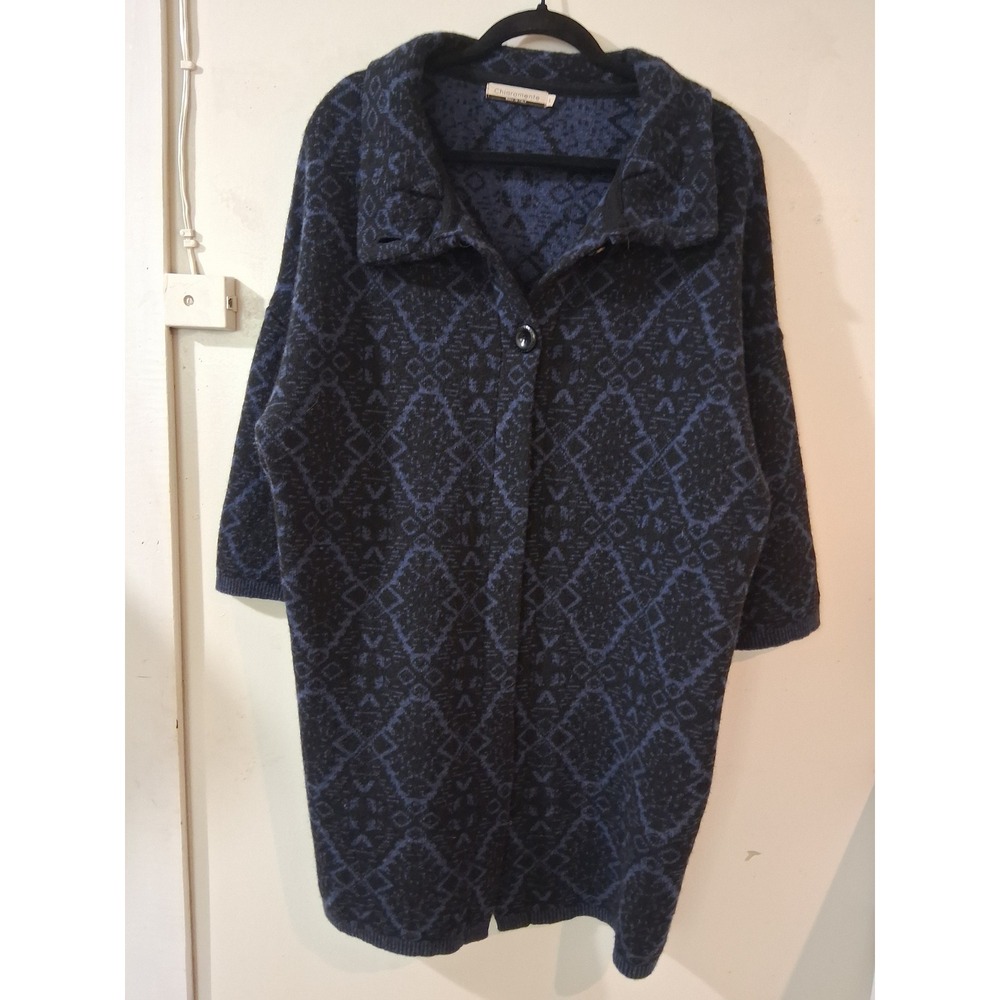 Chiaramente Womens Navy Black Wool Blend Geometric Diamond Cardigan Sweater L/XL